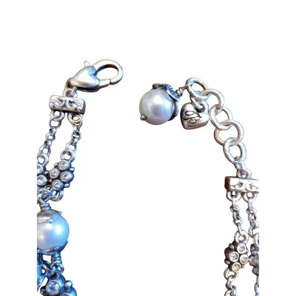 Brighton Pearl Rhinestone Silver Tone Bracelet Double Strand Adjustable Jewelry - Picture 2 of 5